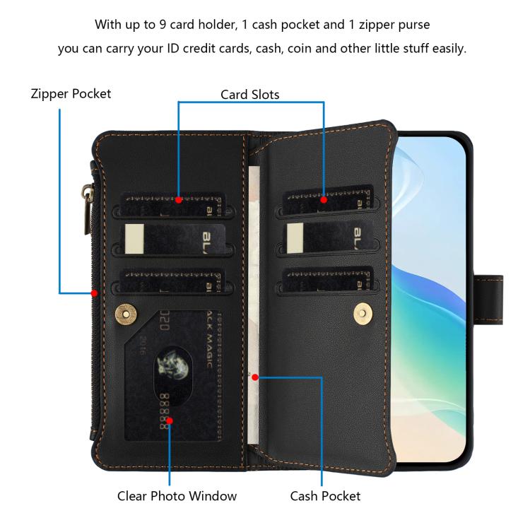 For Ulefone Note 19 Magnetic Closure 9 Card Slots Zipper Leather Case with Hand Strap