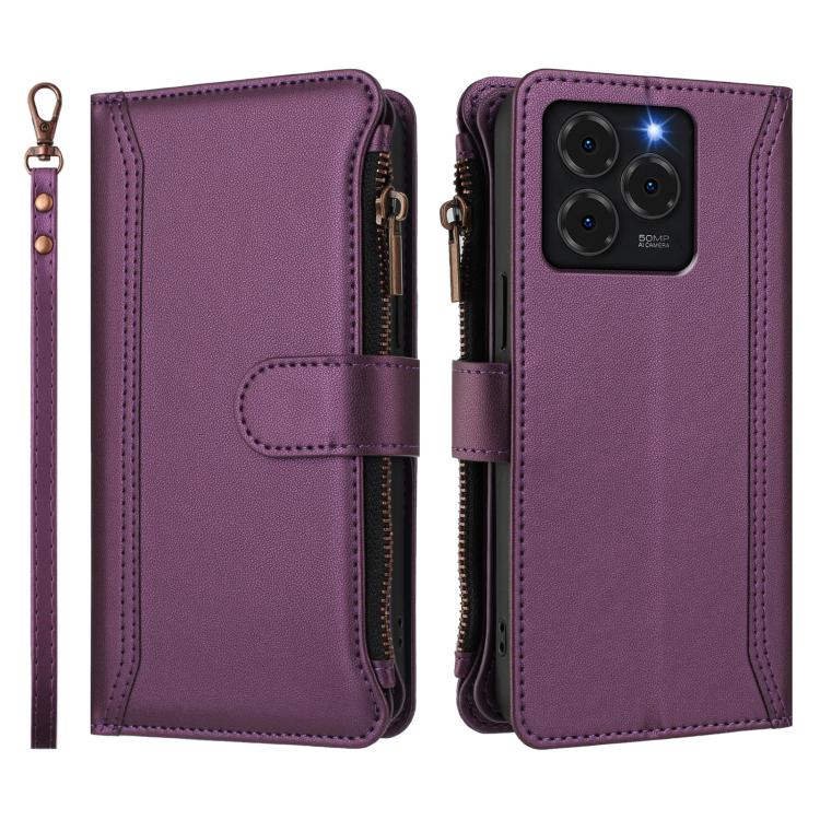 For Ulefone Note 20 Pro Magnetic Closure 9 Card Slots Zipper Leather Case with Hand Strap