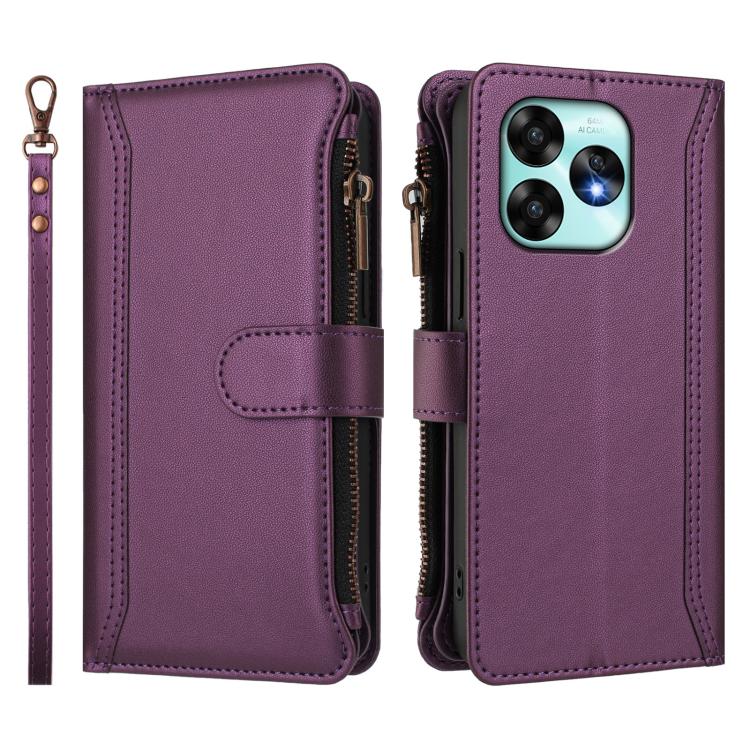For Umidigi A15 / A15C / A15T Magnetic Closure 9 Card Slots Zipper Leather Case with Hand Strap