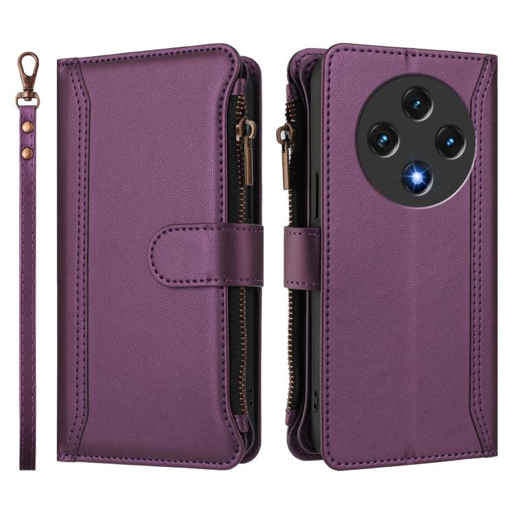 For Umidigi G100 Magnetic Closure 9 Card Slots Zipper Leather Case with Hand Strap