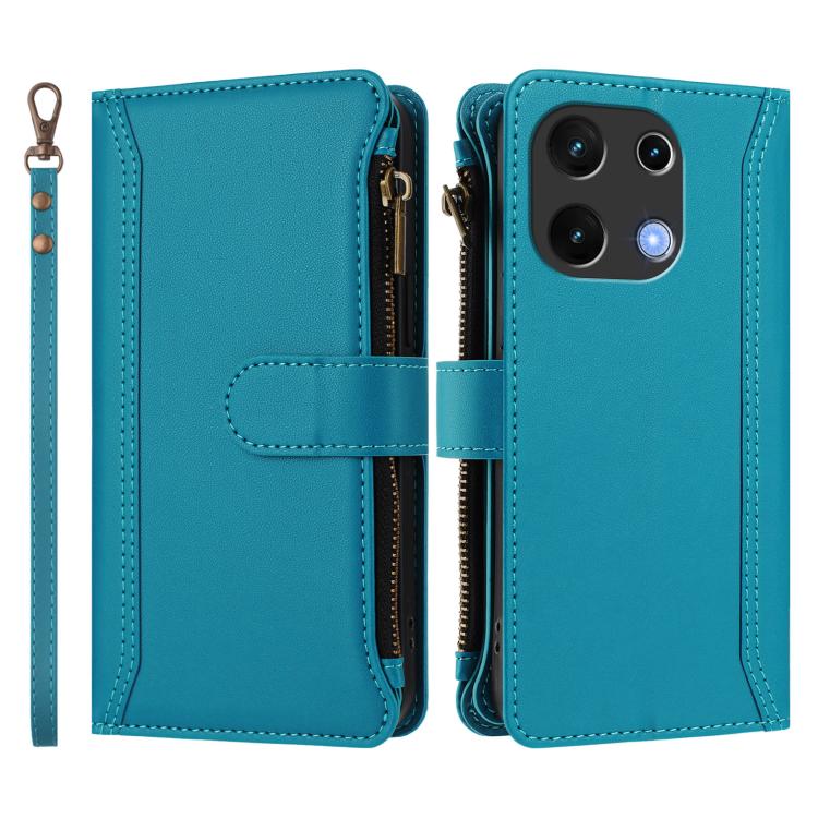 For Umidigi Note 100 Magnetic Closure 9 Card Slots Zipper Leather Case with Hand Strap