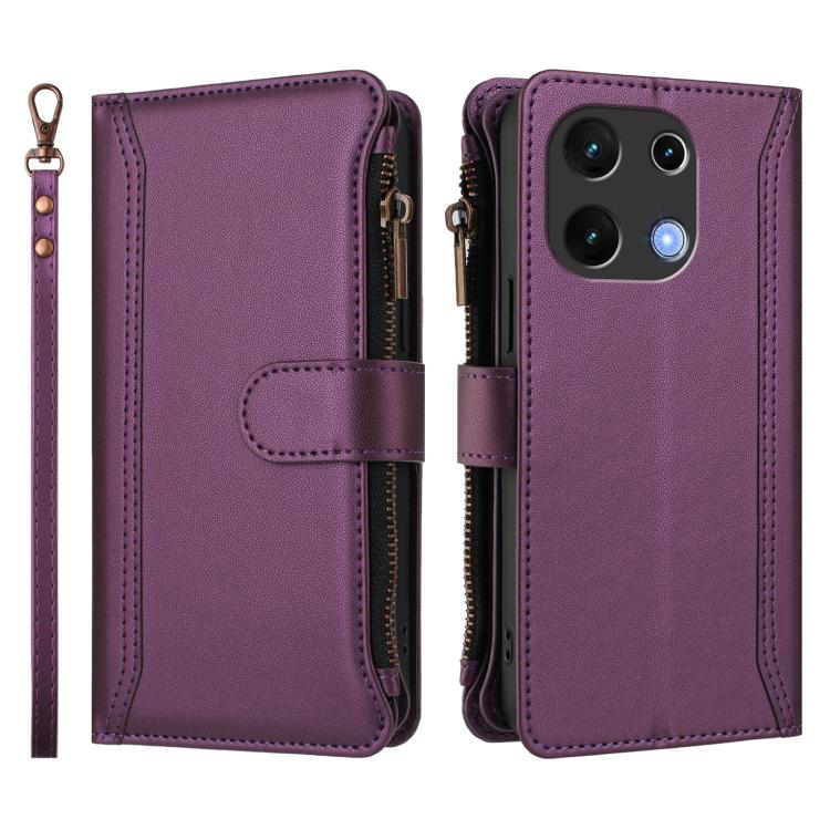For Umidigi Note 100 Magnetic Closure 9 Card Slots Zipper Leather Case with Hand Strap