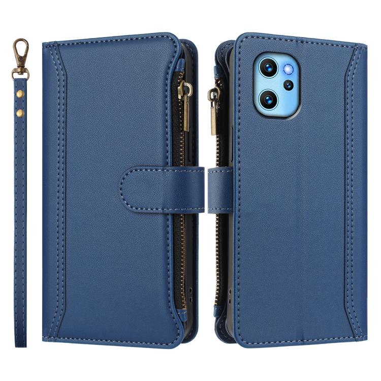 For Umidigi Power 7 Max Magnetic Closure 9 Card Slots Zipper Leather Case with Hand Strap
