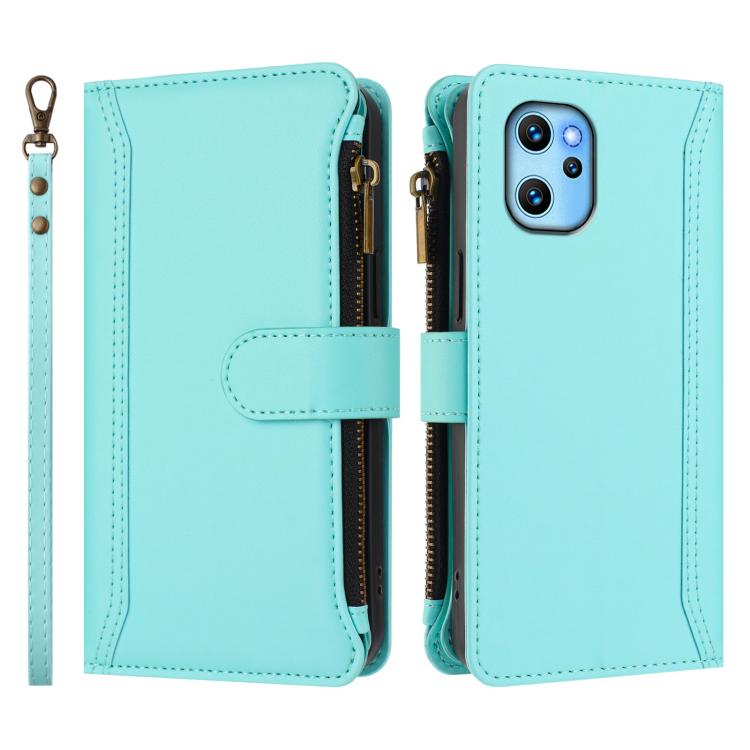 For Umidigi Power 7 Max Magnetic Closure 9 Card Slots Zipper Leather Case with Hand Strap
