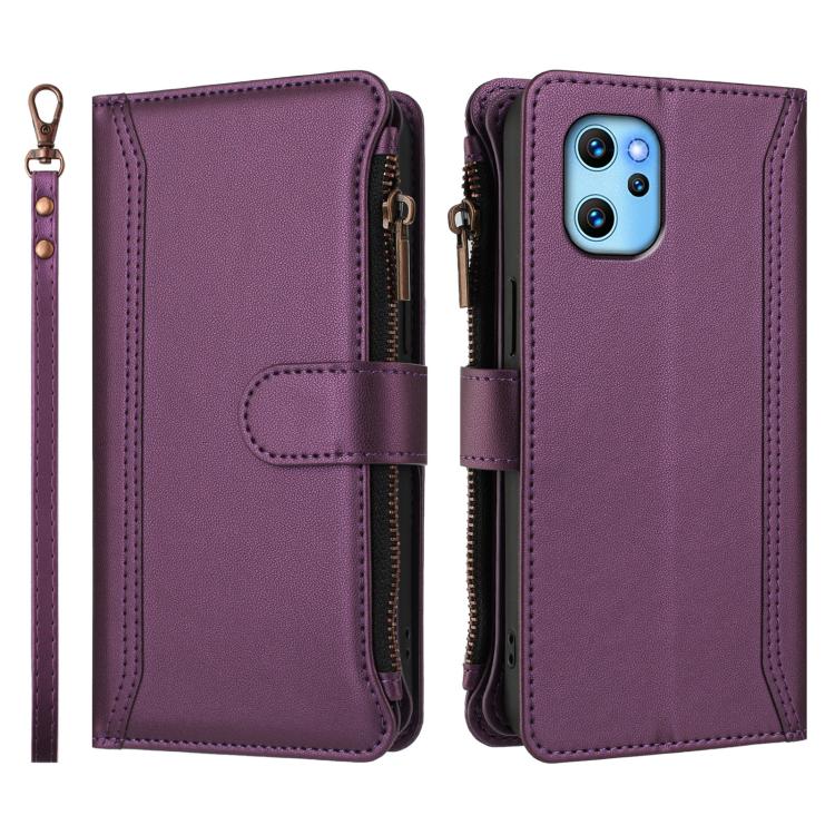 For Umidigi Power 7 Max Magnetic Closure 9 Card Slots Zipper Leather Case with Hand Strap