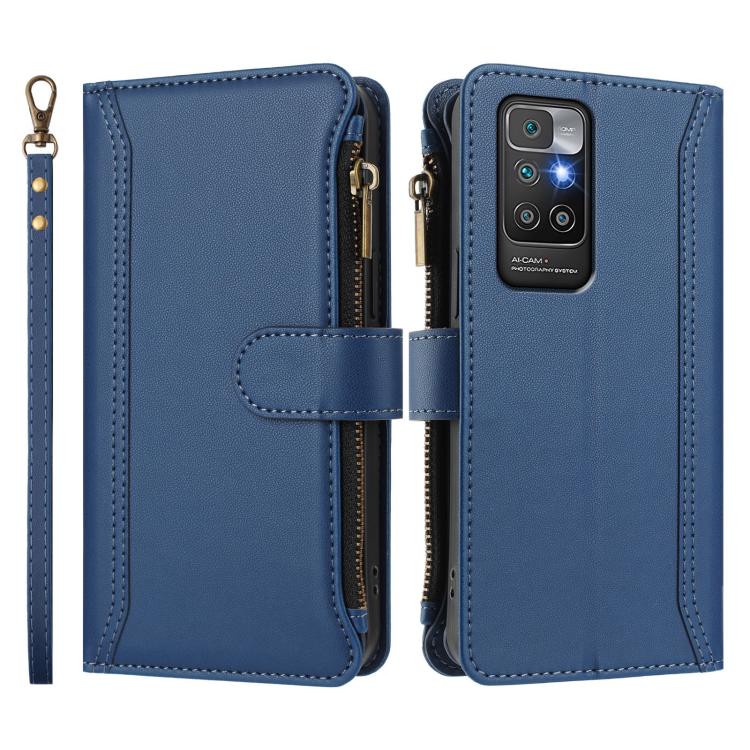 For Redmi 10 4G / 10 2022 Magnetic Closure 9 Card Slots Zipper Leather Case with Hand Strap
