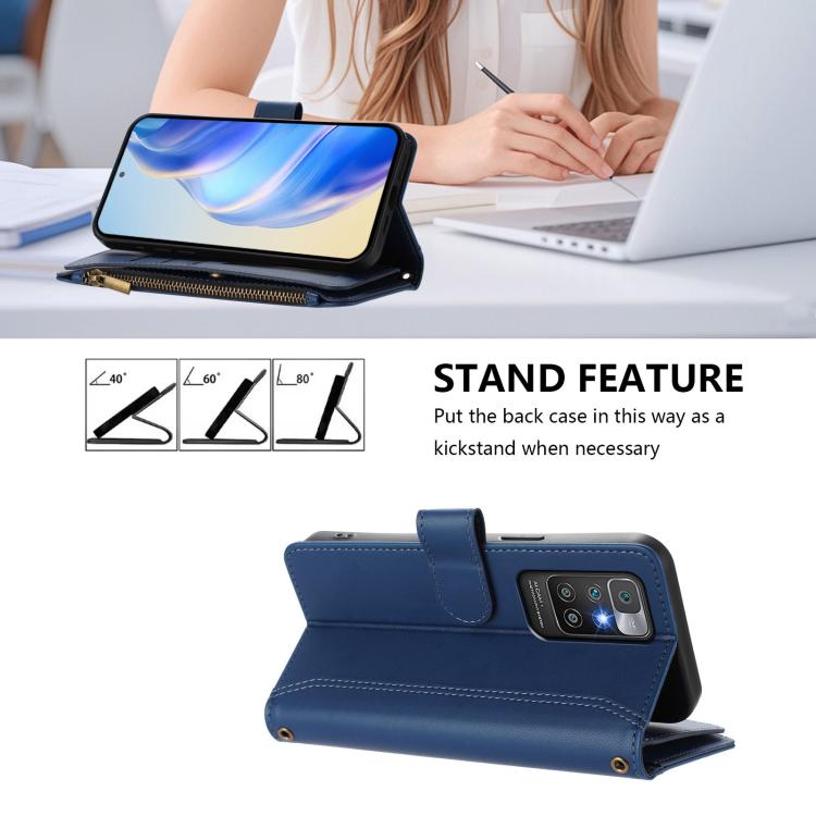 For Redmi 10 4G / 10 2022 Magnetic Closure 9 Card Slots Zipper Leather Case with Hand Strap