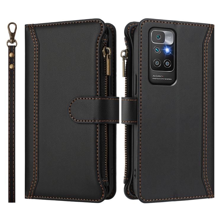 For Redmi 10 4G / 10 2022 Magnetic Closure 9 Card Slots Zipper Leather Case with Hand Strap