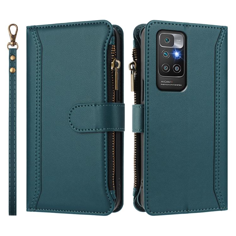 For Redmi 10 4G / 10 2022 Magnetic Closure 9 Card Slots Zipper Leather Case with Hand Strap