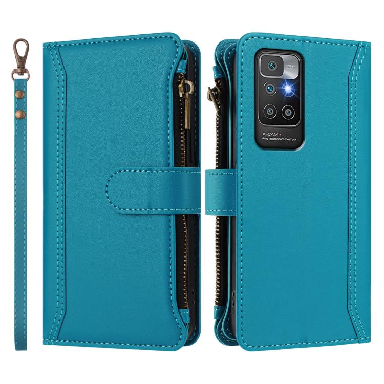 For Redmi 10 4G / 10 2022 Magnetic Closure 9 Card Slots Zipper Leather Case with Hand Strap