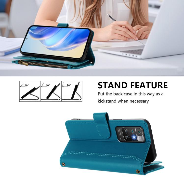 For Redmi 10 4G / 10 2022 Magnetic Closure 9 Card Slots Zipper Leather Case with Hand Strap