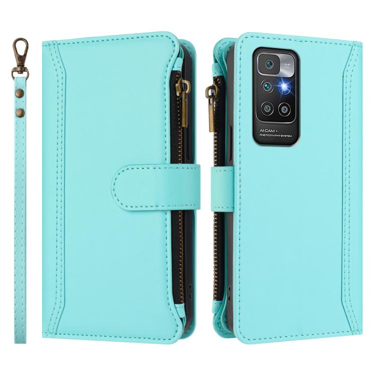 For Redmi 10 4G / 10 2022 Magnetic Closure 9 Card Slots Zipper Leather Case with Hand Strap