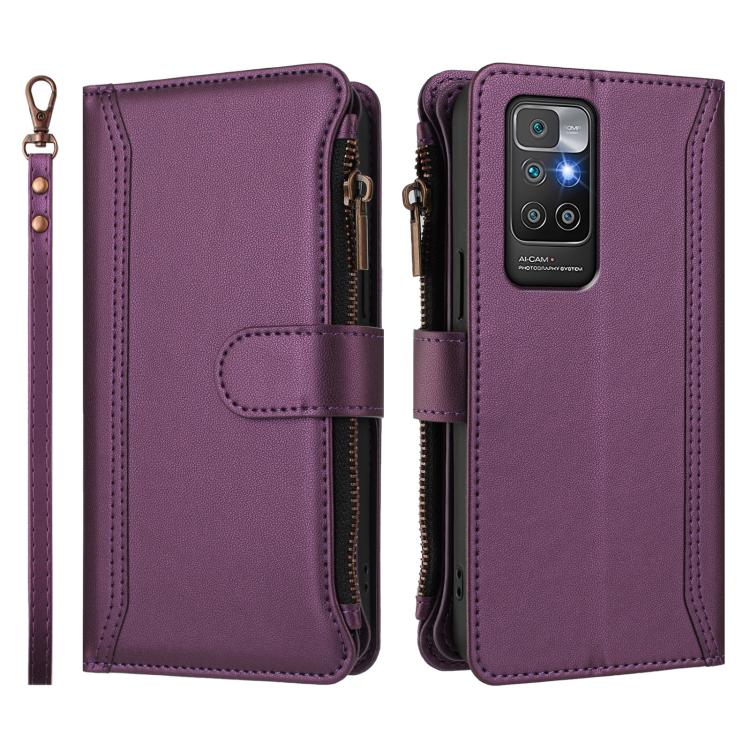 For Redmi 10 4G / 10 2022 Magnetic Closure 9 Card Slots Zipper Leather Case with Hand Strap