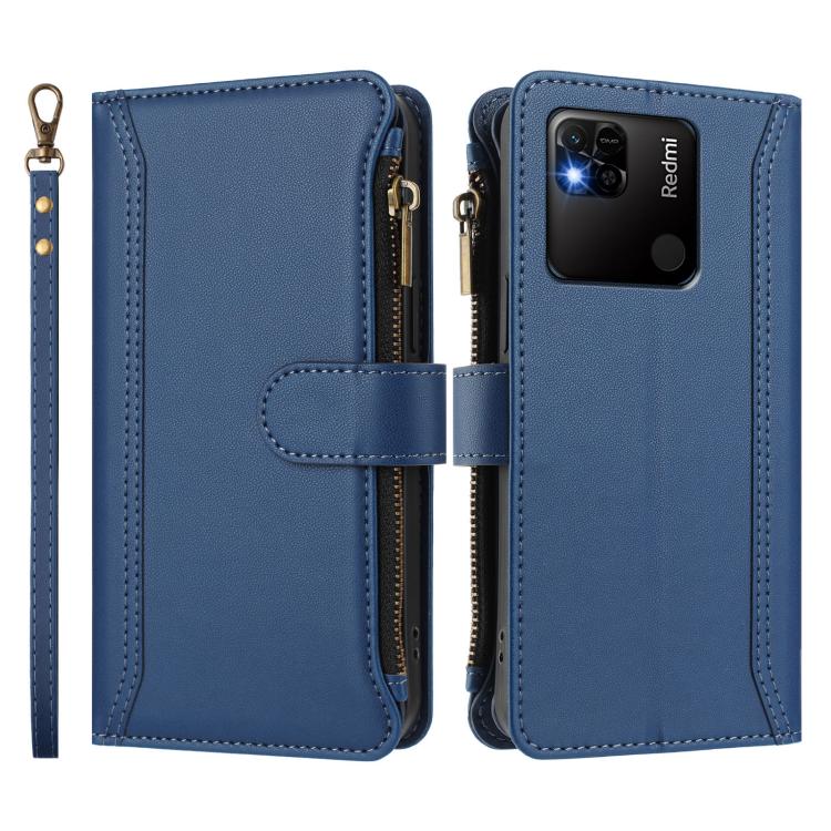 For Redmi 10A / 9C Magnetic Closure 9 Card Slots Zipper Leather Case with Hand Strap