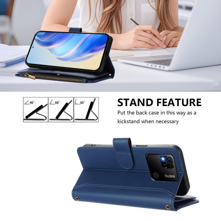 For Redmi 10A / 9C Magnetic Closure 9 Card Slots Zipper Leather Case with Hand Strap