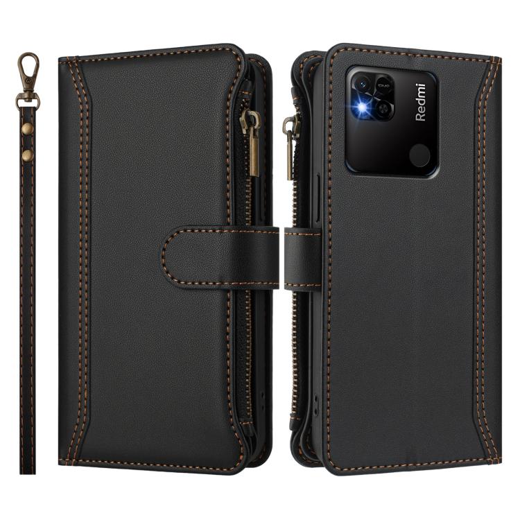 For Redmi 10A / 9C Magnetic Closure 9 Card Slots Zipper Leather Case with Hand Strap