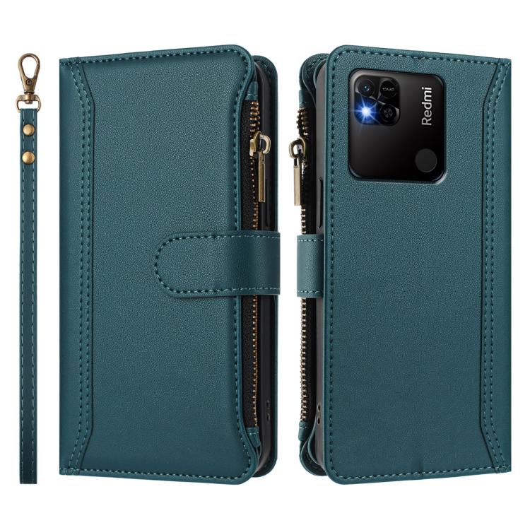 For Redmi 10A / 9C Magnetic Closure 9 Card Slots Zipper Leather Case with Hand Strap