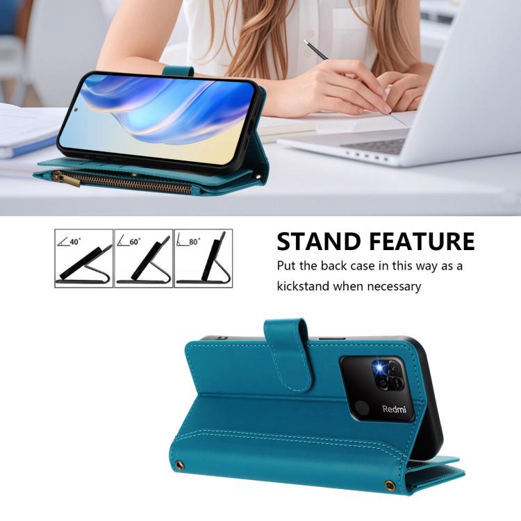 For Redmi 10A / 9C Magnetic Closure 9 Card Slots Zipper Leather Case with Hand Strap