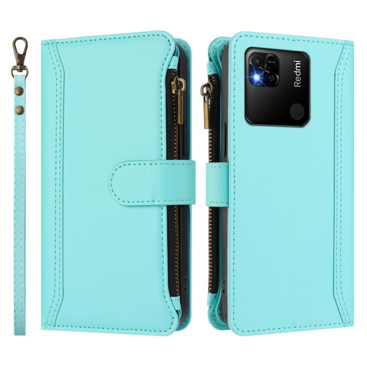 For Redmi 10A / 9C Magnetic Closure 9 Card Slots Zipper Leather Case with Hand Strap