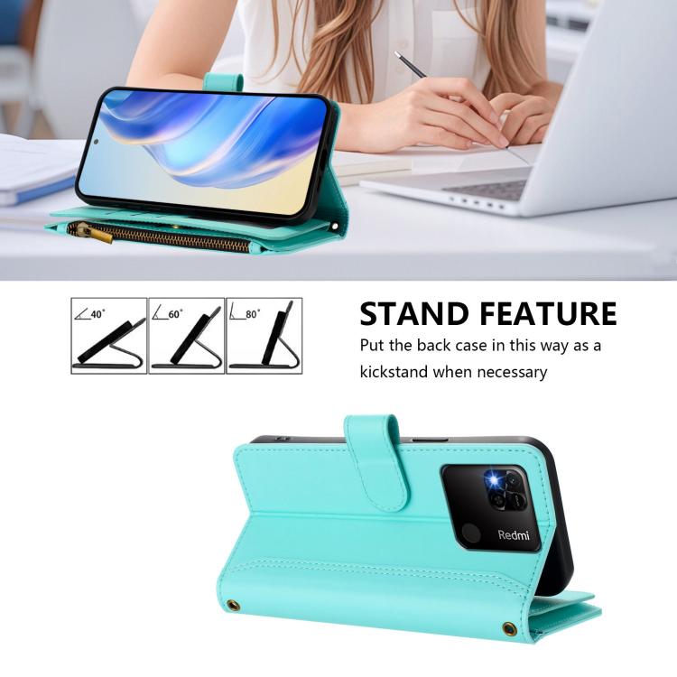 For Redmi 10A / 9C Magnetic Closure 9 Card Slots Zipper Leather Case with Hand Strap
