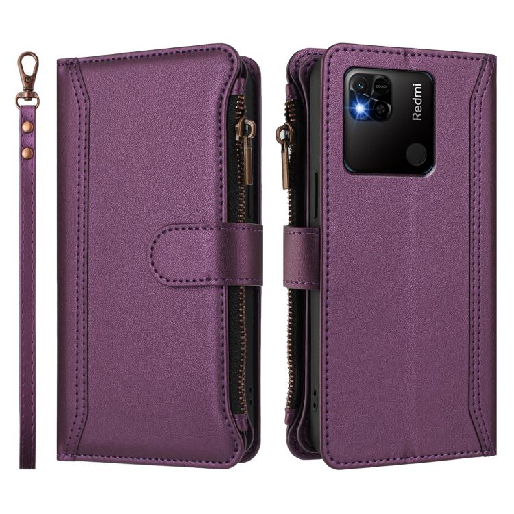 For Redmi 10A / 9C Magnetic Closure 9 Card Slots Zipper Leather Case with Hand Strap