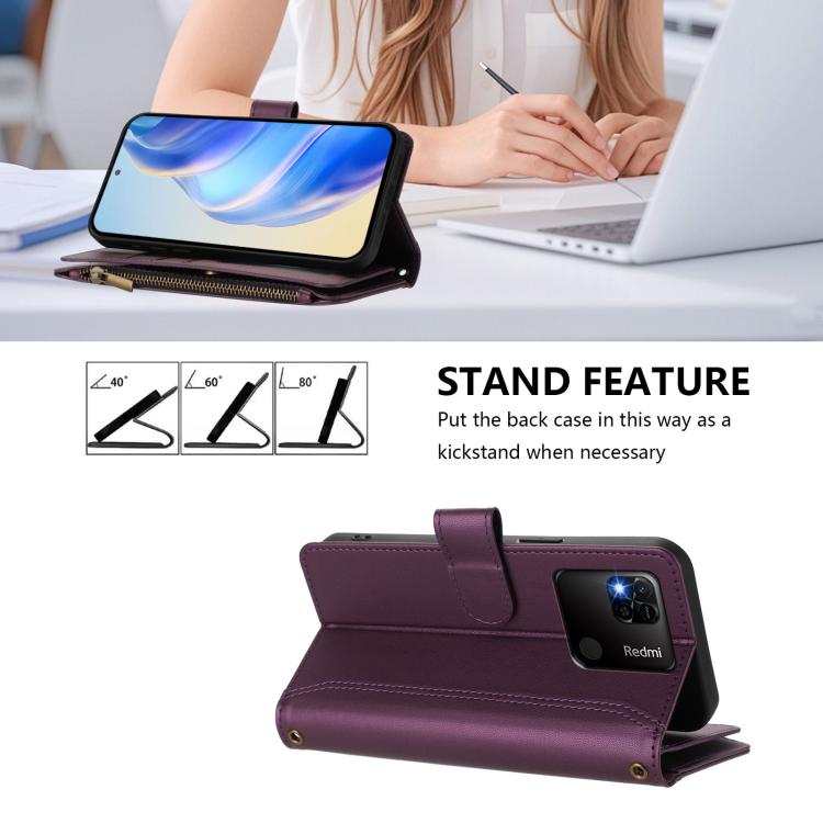For Redmi 10A / 9C Magnetic Closure 9 Card Slots Zipper Leather Case with Hand Strap