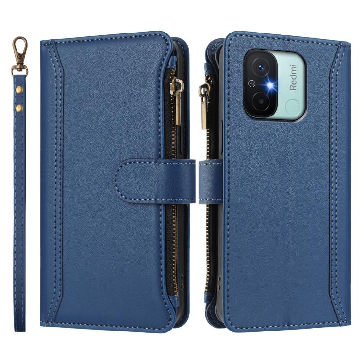 For Redmi 11A 4G / Xiaomi Poco C55 Magnetic Closure 9 Card Slots Zipper Leather Case with Hand Strap