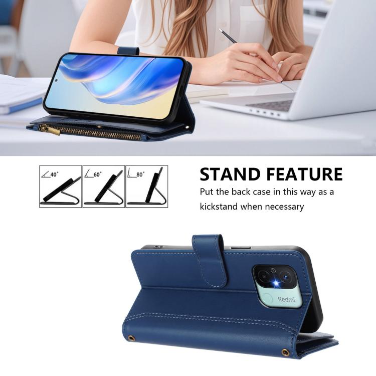 For Redmi 11A 4G / Xiaomi Poco C55 Magnetic Closure 9 Card Slots Zipper Leather Case with Hand Strap