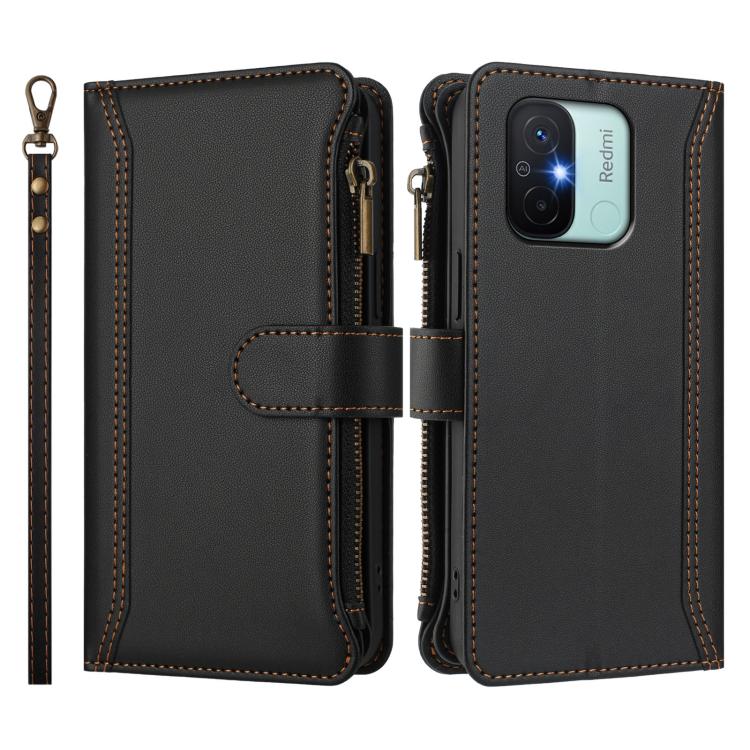 For Redmi 11A 4G / Xiaomi Poco C55 Magnetic Closure 9 Card Slots Zipper Leather Case with Hand Strap