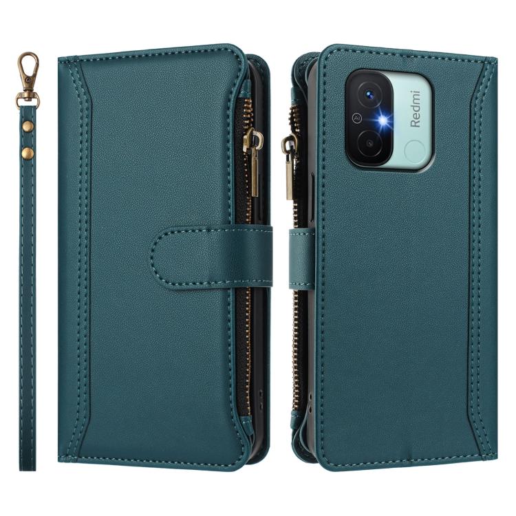 For Redmi 11A 4G / Xiaomi Poco C55 Magnetic Closure 9 Card Slots Zipper Leather Case with Hand Strap