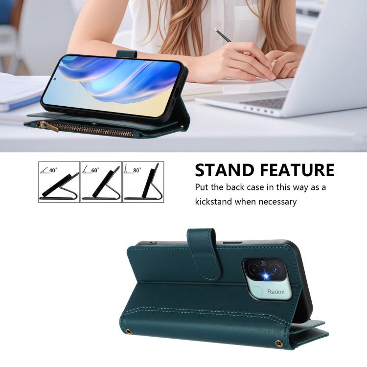 For Redmi 11A 4G / Xiaomi Poco C55 Magnetic Closure 9 Card Slots Zipper Leather Case with Hand Strap