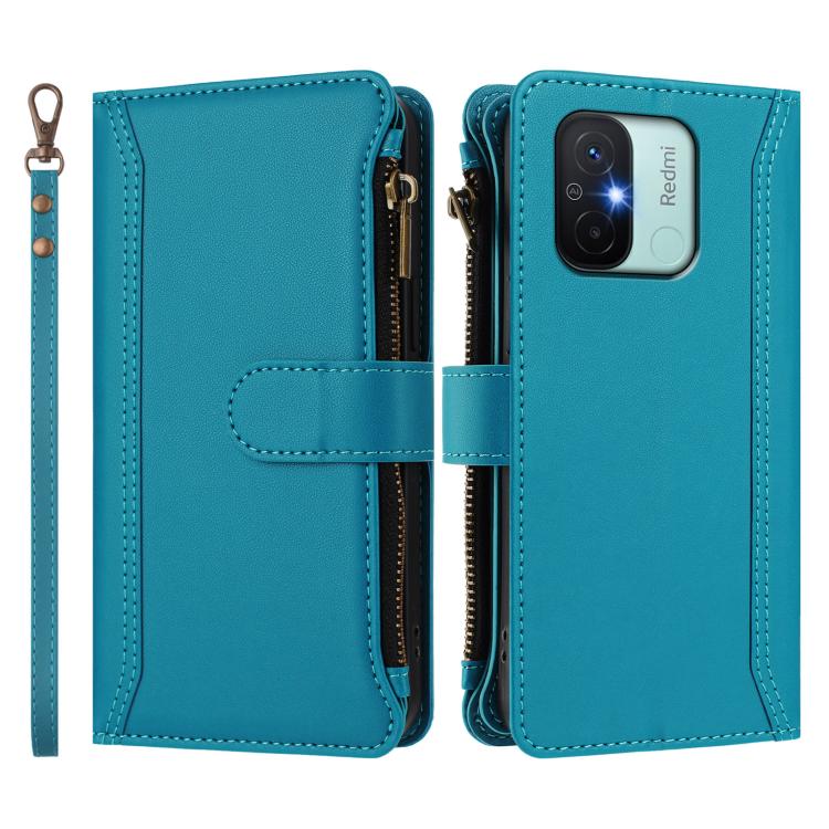 For Redmi 11A 4G / Xiaomi Poco C55 Magnetic Closure 9 Card Slots Zipper Leather Case with Hand Strap