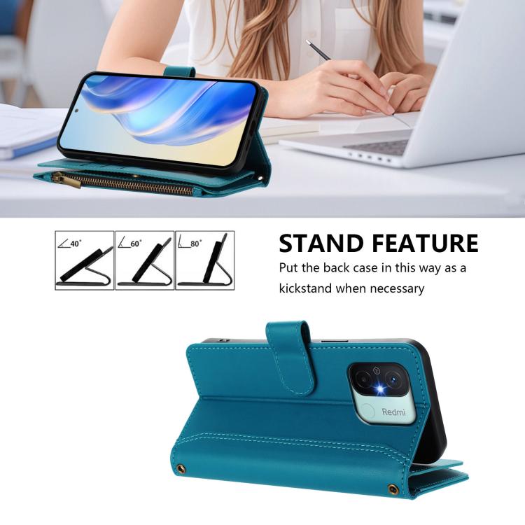 For Redmi 11A 4G / Xiaomi Poco C55 Magnetic Closure 9 Card Slots Zipper Leather Case with Hand Strap