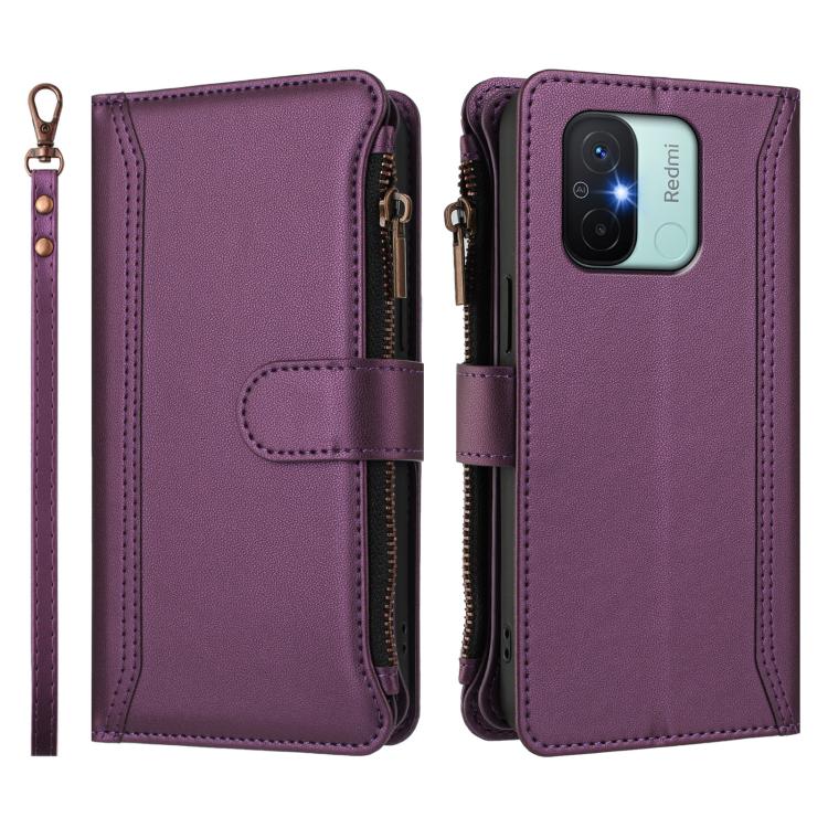 For Redmi 11A 4G / Xiaomi Poco C55 Magnetic Closure 9 Card Slots Zipper Leather Case with Hand Strap