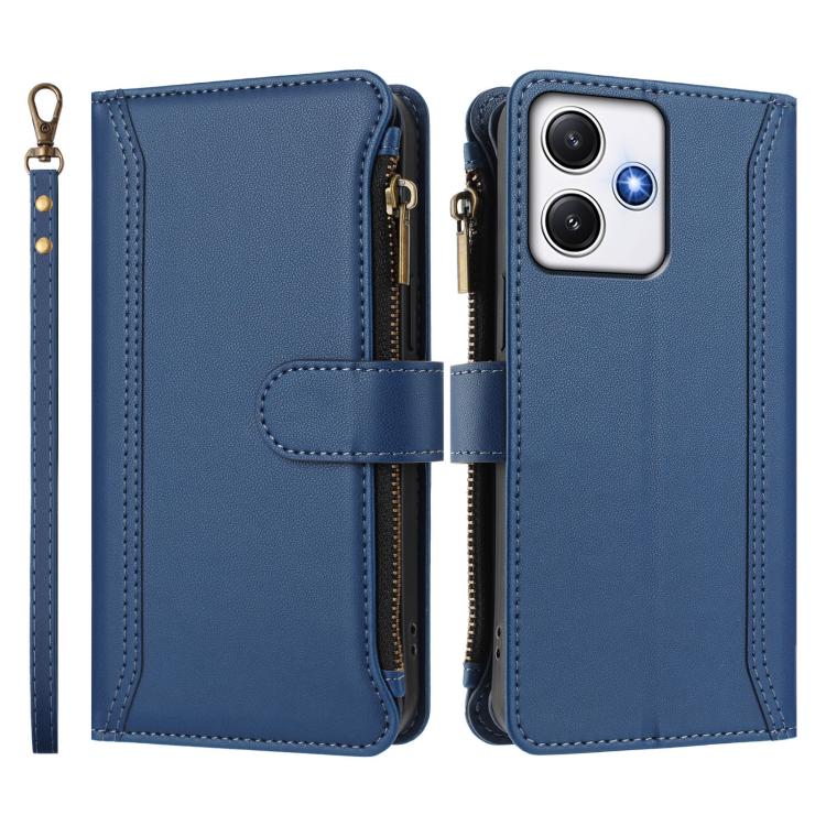 For Redmi 12 4G / 5G / Note 12R Magnetic Closure 9 Card Slots Zipper Leather Case with Hand Strap