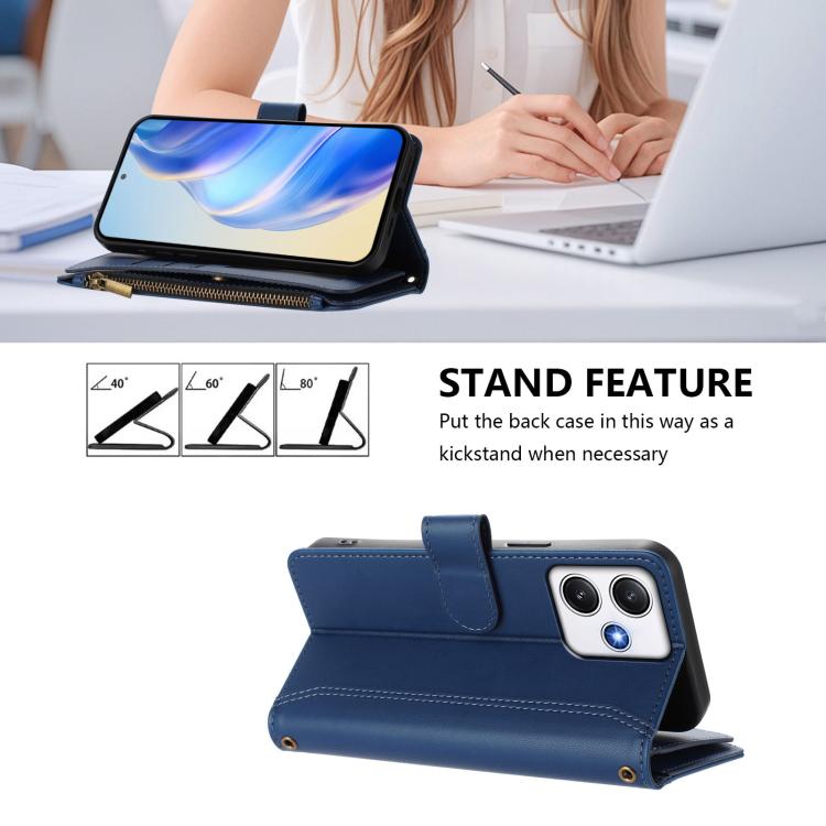 For Redmi 12 4G / 5G / Note 12R Magnetic Closure 9 Card Slots Zipper Leather Case with Hand Strap