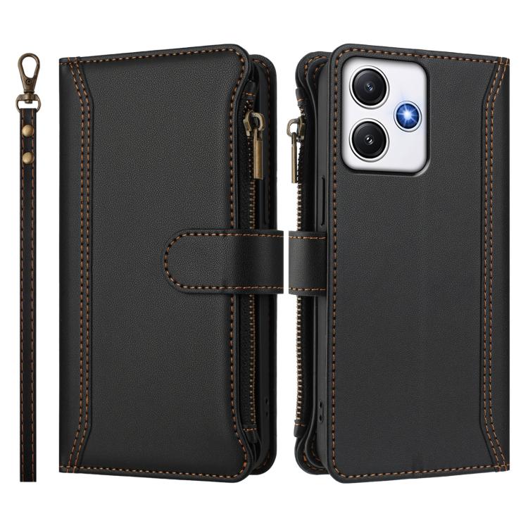 For Redmi 12 4G / 5G / Note 12R Magnetic Closure 9 Card Slots Zipper Leather Case with Hand Strap