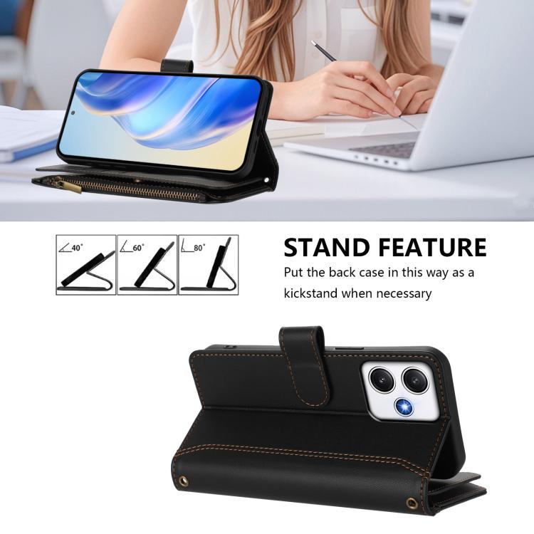 For Redmi 12 4G / 5G / Note 12R Magnetic Closure 9 Card Slots Zipper Leather Case with Hand Strap
