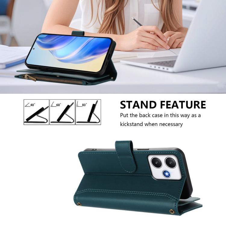 For Redmi 12 4G / 5G / Note 12R Magnetic Closure 9 Card Slots Zipper Leather Case with Hand Strap