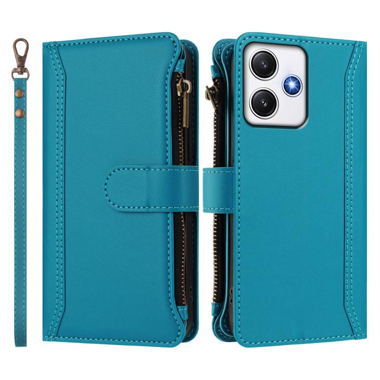 For Redmi 12 4G / 5G / Note 12R Magnetic Closure 9 Card Slots Zipper Leather Case with Hand Strap