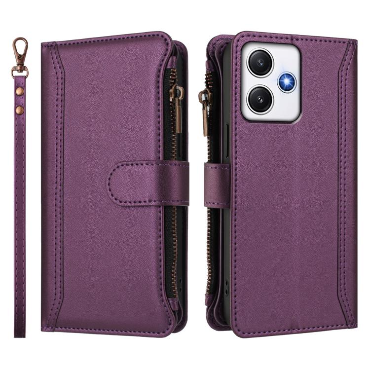 For Redmi 12 4G / 5G / Note 12R Magnetic Closure 9 Card Slots Zipper Leather Case with Hand Strap