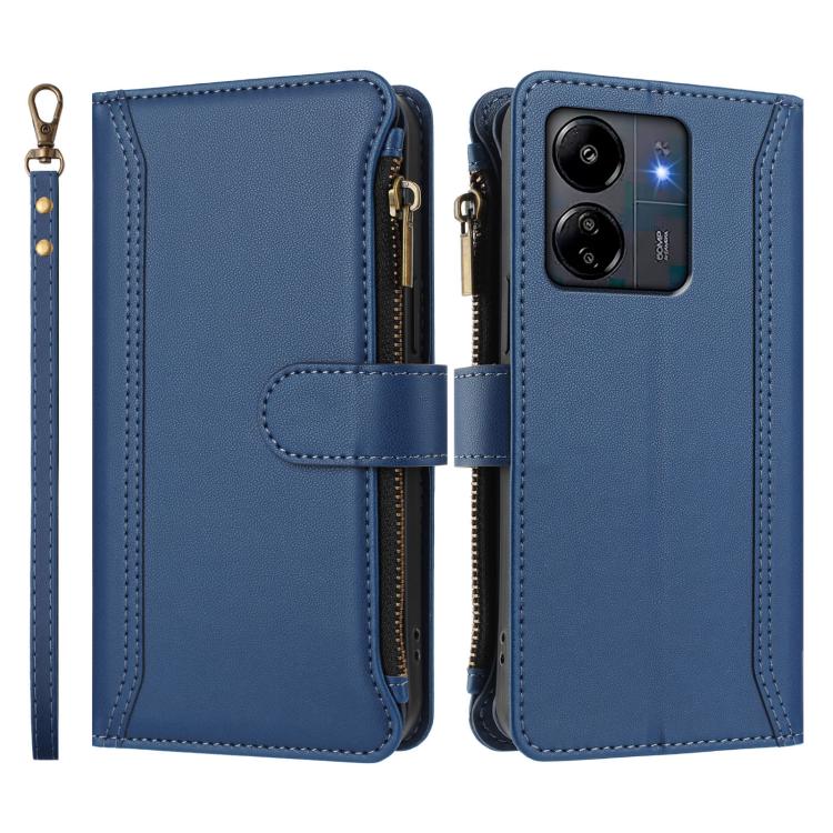 For Redmi 13C 5G / 4G / Poco C65 Magnetic Closure 9 Card Slots Zipper Leather Case with Hand Strap
