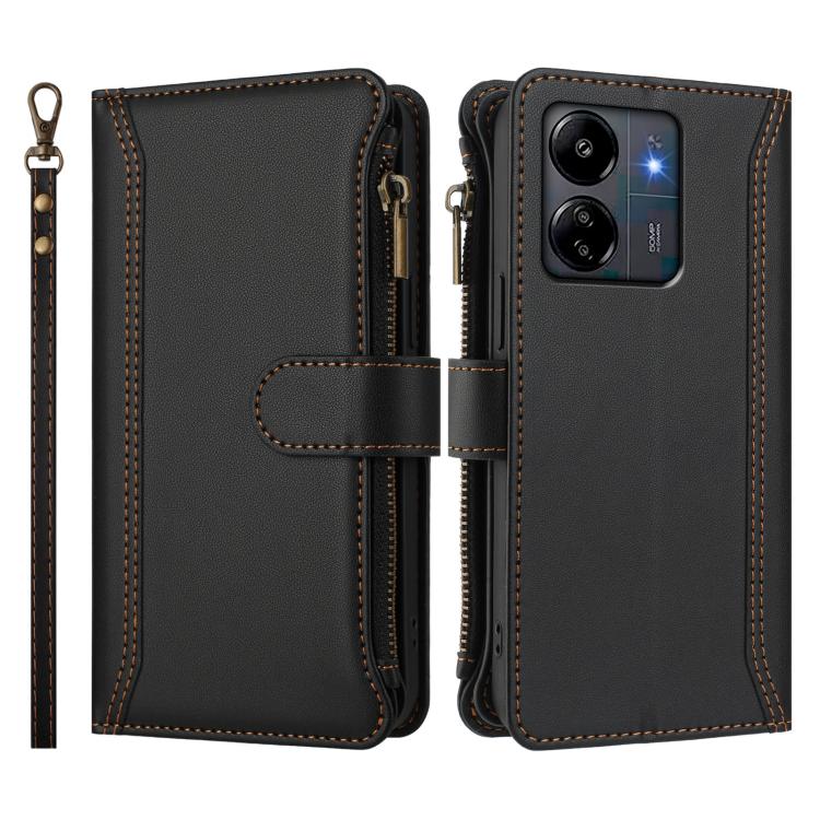 For Redmi 13C 5G / 4G / Poco C65 Magnetic Closure 9 Card Slots Zipper Leather Case with Hand Strap