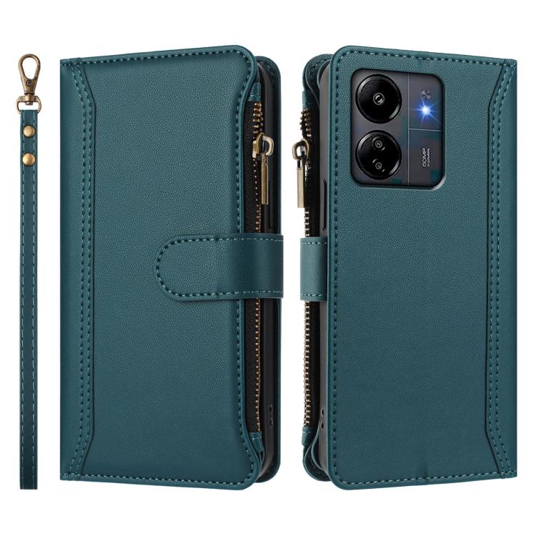 For Redmi 13C 5G / 4G / Poco C65 Magnetic Closure 9 Card Slots Zipper Leather Case with Hand Strap