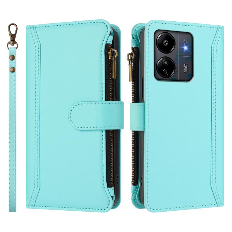 For Redmi 13C 5G / 4G / Poco C65 Magnetic Closure 9 Card Slots Zipper Leather Case with Hand Strap