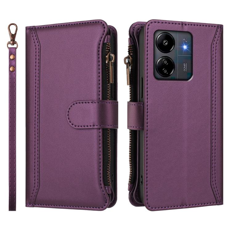 For Redmi 13C 5G / 4G / Poco C65 Magnetic Closure 9 Card Slots Zipper Leather Case with Hand Strap