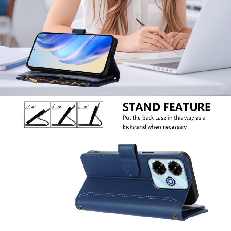 For Redmi 13x / Redmi 13 4G / 5G Magnetic Closure 9 Card Slots Zipper Leather Case with Hand Strap