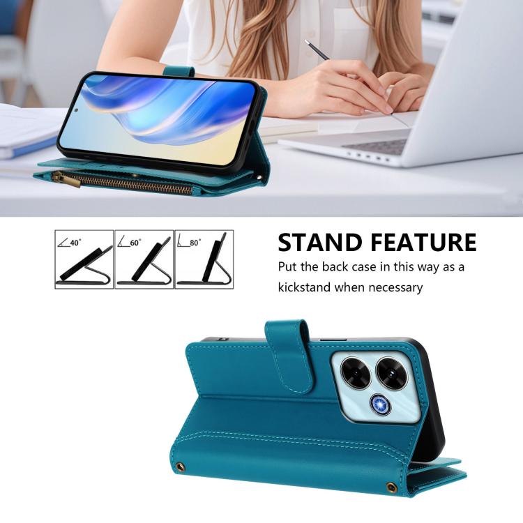For Redmi 13x / Redmi 13 4G / 5G Magnetic Closure 9 Card Slots Zipper Leather Case with Hand Strap