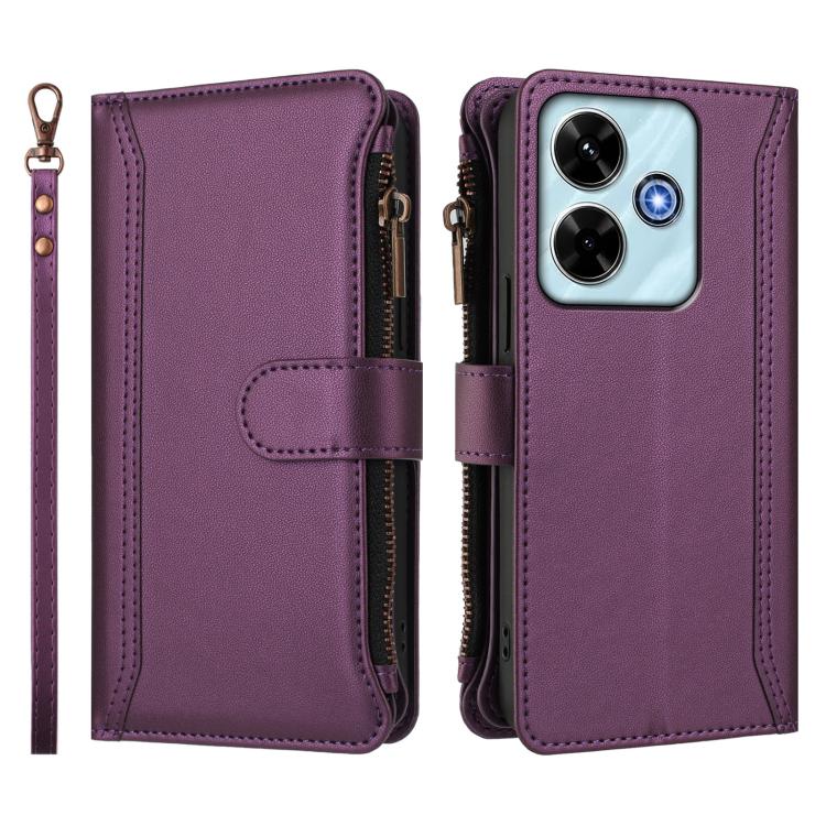 For Redmi 13x / Redmi 13 4G / 5G Magnetic Closure 9 Card Slots Zipper Leather Case with Hand Strap