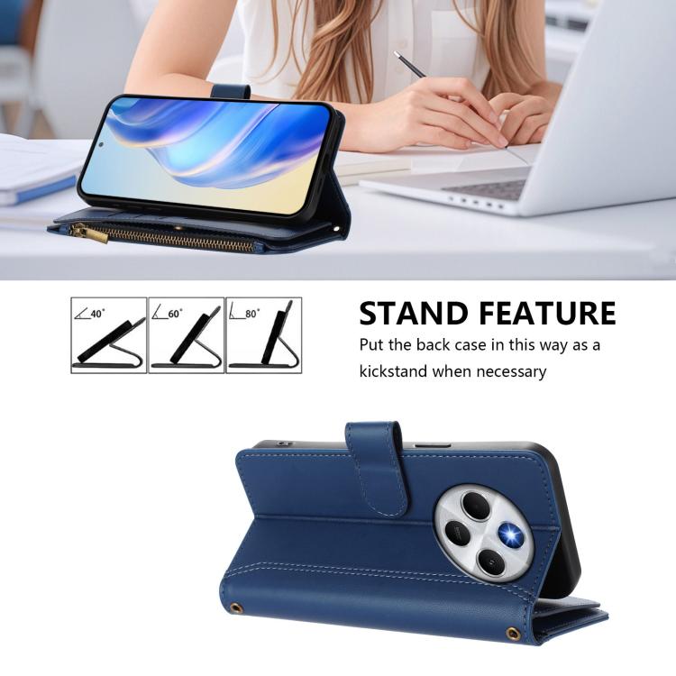 For Redmi 14C 4G / 14R 5G / A3 Pro Magnetic Closure 9 Card Slots Zipper Leather Case with Hand Strap